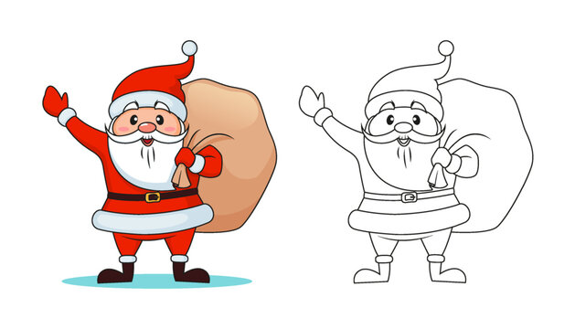 Santa claus with Christmas gifts bag. Merry Christmas and Happy New Year. Black and white vector illustration for coloring book with example in color