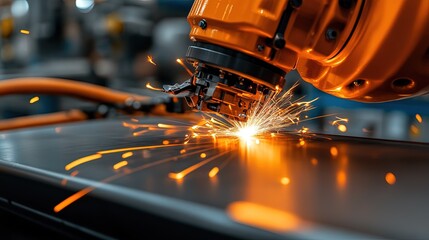 Close up of an orange industrial robotic arm engaged in welding producing a bright shower of hot sparks on a metal surface