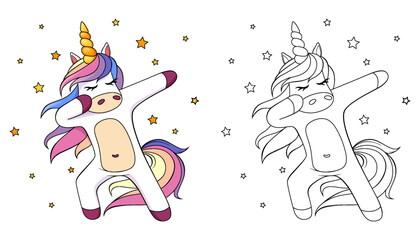 Cute dabbing unicorn. Black and white vector illustration for coloring book with example in color