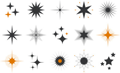 Stars Shape Collection. Vector illustration of various shapes of black and yellow sparkles isolated on a transparent background.