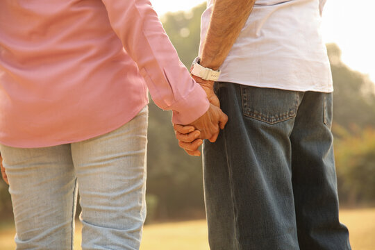Old Sweet Couple Holding Hands During A Sunset Walk In The Park - Powered by Adobe