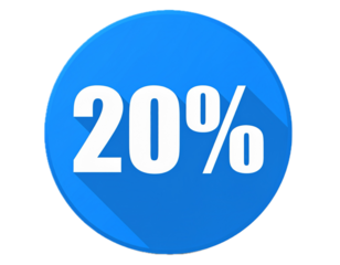 20% percentage discount offer button, 20% icon over blue circle
