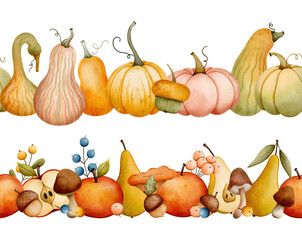 Watercolor autumn seamless borders – pumpkins in various colors and sizes, pears, apples, berries, acorns and fall leaves for rustic harvest design, invitations, packaging and seasonal decor