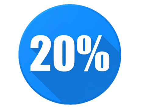 20% percentage discount offer button, 20% icon over blue circle