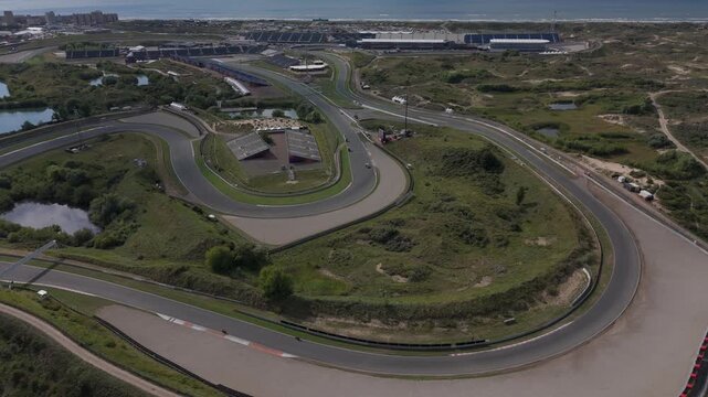 Zandvoort, Netherlands - August 18, 2025: Aerial Drone Footage of Formula 1 Race Circuit