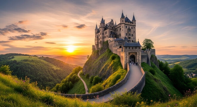 Majestic medieval castle perched atop a verdant hill, bathed in the radiant glow of a captivating sunset, showcasing architectural splendor and scenic beauty in a timeless landscape