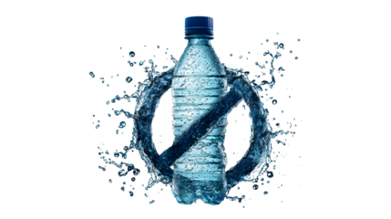 A stylized 'do not pollute' symbol, integrated with a floating water bottle, isolated on Transparent Background