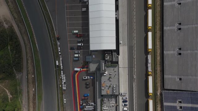 Zandvoort, Netherlands - August 18, 2025: Aerial Top-Down Drone Footage of Circuit Start and Grandstands