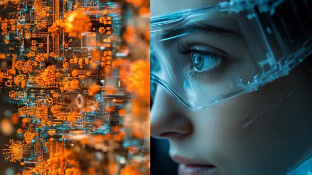 A young scientist gazes thoughtfully while advanced technology visualizes data around her.