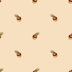 Seamless watercolor acorn pattern on beige background – hand-painted oak acorns for autumn fabric design, rustic kitchen textiles, woodland packaging, gift wrap and botanical prints