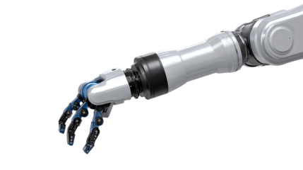A close-up of a robotic arm showcasing intricate details and advanced engineering, isolated on a white background.