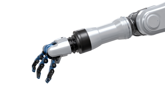 A close-up of a robotic arm showcasing intricate details and advanced engineering, isolated on a white background.