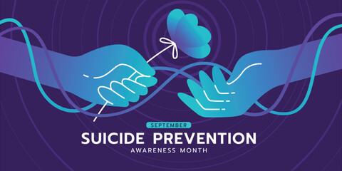 Suicide prevention awareness month - Teal and purple hand hold flower to hand with lines link around on dark blue purple background vector design