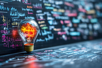 Glowing light bulb on a chalkboard with various mathematical formulas and charts, symbolizing business solution and new idea.
