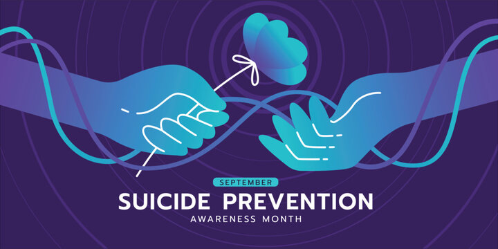 Suicide prevention awareness month - Teal and purple hand hold flower to hand with lines link around on dark blue purple background vector design - Powered by Adobe