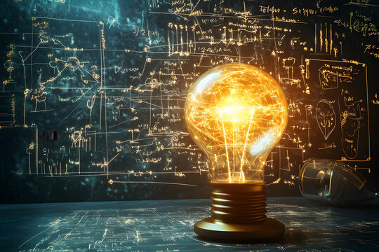 Glowing light bulb on a table with complex scientific formulas on a chalkboard. Innovation, problem solving, and engineering concept.