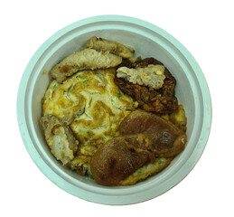 lunch bow of Fried egg and Chinese sausage on rice isolated