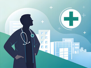 Corporate Healthcare Banner with Doctor Silhouette and Stethoscope