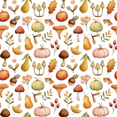 Seamless watercolor autumn harvest pattern on white background– pumpkins, mushrooms, pears, apples, acorns, fall leaves and berries for rustic fabric design, seasonal kitchen textiles