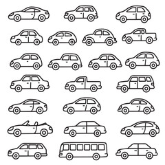  Vector illustration showcasing various car outlines, including sedans, SUVs, and convertibles, arranged in neat rows. Perfect for automotive design projects and educational purposes.