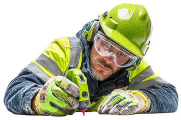 Construction worker measuring with a laser tool, wearing protective gear, focused and precision-driven on a construction site.