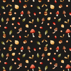 Seamless watercolor autumn pattern on dark background – mushrooms, acorns, fall leaves and berries for rustic fabric design, seasonal kitchen textiles, gift wrap, packaging and woodland print projects