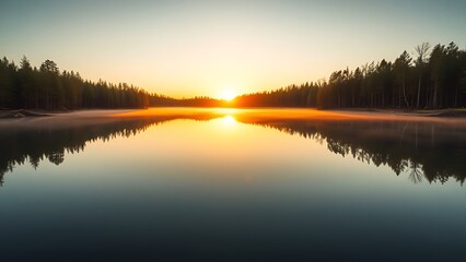 Fototapeta premium A serene lake mirroring golden sunset and forest, creating a perfectly symmetrical dreamscape.