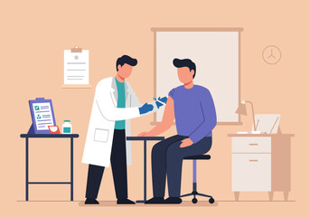 A medical professional administers a vaccine to a patient's arm in a modern doctor's office, emphasizing healthcare and immunization.