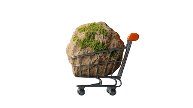 A shopping cart carrying a globe of Earth, symbolizing eco-friendly shopping and sustainability.