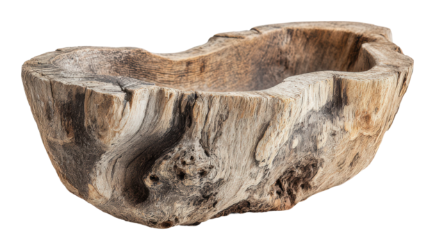 Wooden carved bowl display rustic workshop product natural light isolated on transparent background