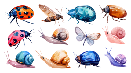 Watercolor insects and snails art transparent image set. Ladybugs, beetles, butterfly. Invertebrate bugs entomology isolated cutouts. Biology fauna cut outs cliparts design elements png