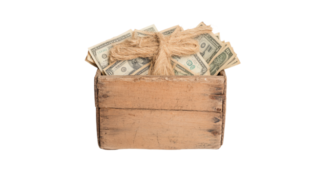 A wooden box tied with twine, filled with neatly stacked dollar bills, symbolizing wealth and financial success.