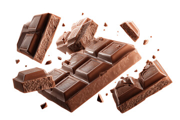 Chocolate bar pieces flying in the air, showcasing different angles and textures against a white isolated background.