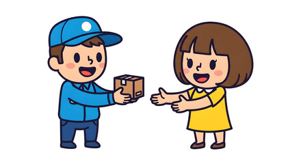 Cheerful cartoon delivery driver promptly hands a small package to a happy customer, symbolizing quick and convenient home delivery service, ensuring swift parcel reception for modern lifestyles