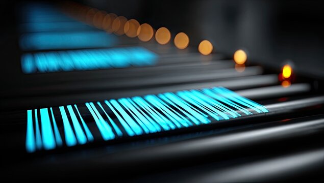 Close-up of glowing barcode lines on a dark conveyor belt