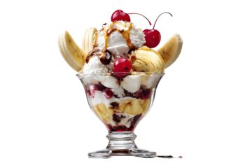 Delicious banana split sundae with scoops of ice cream, whipped cream, chocolate sauce, and cherries.