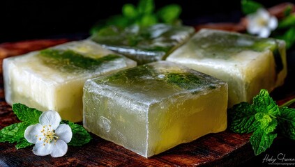 Four square, translucent, mint-infused ice cubes or frozen treats, resting on a wooden board