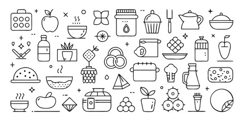 Minimalist Food and Kitchen Icons A Clean Black and White Vector Assortment of Culinary Essentials and Healthy Ingredients