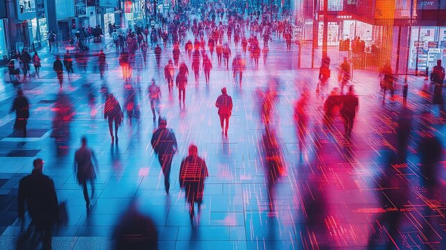 Simulated crowd behavior interface using predictive AI overlays with movement heatmaps, anomaly detection, and real-time urban planning optimization