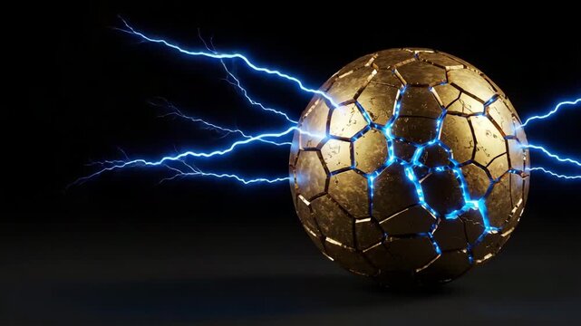 Electricity, energy sphere and glowing golden orb with lightning, cracked surface and blue electric currents in digital abstract science background