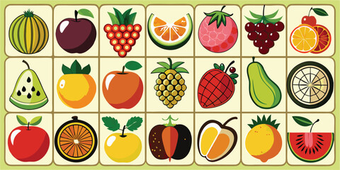 Colorful Variety of Fruit Art Illustration Whimsical and Playful Collection of Vibrant Fruits Displayed in Organized Grid Pattern