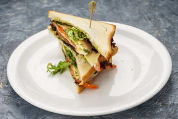 two sandwiches with fish and greens in a white plate on a gray background