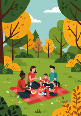 Fototapeta premium A family enjoys a picnic together on a red checkered blanket in a park surrounded by trees and bushes.