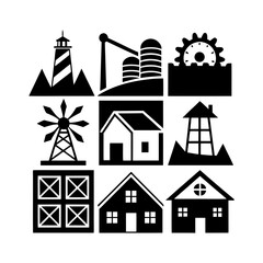 Illustration showing various buildings and structures including houses lighthouse windmill and farm silos in black