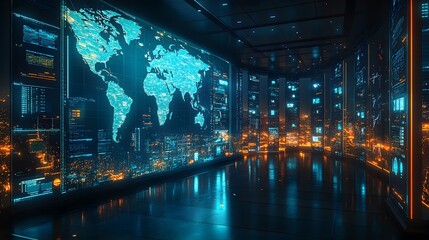 Futuristic data center displays glowing world map and city lights