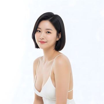 Beautiful Asian woman with perfect body shape after breast augmentation. Korean plastic surgery, aesthetic medicine, and body contouring concept.