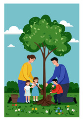 Naklejka premium A family happily plants a young tree together in a grassy field, symbolizing environmental care and community growth.