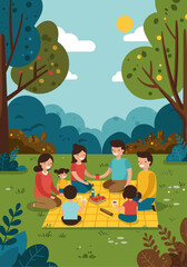 A happy family enjoys a relaxing picnic on a checkered blanket in a lush green park under a sunny sky.