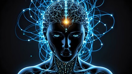 Futuristic AI woman, glowing brain, neural network, digital art, technology, artificial intelligence, cyberpunk, science fiction, abstract, dark background.