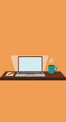 A laptop, coffee mug, and notepad sit on a desk, ready for work.